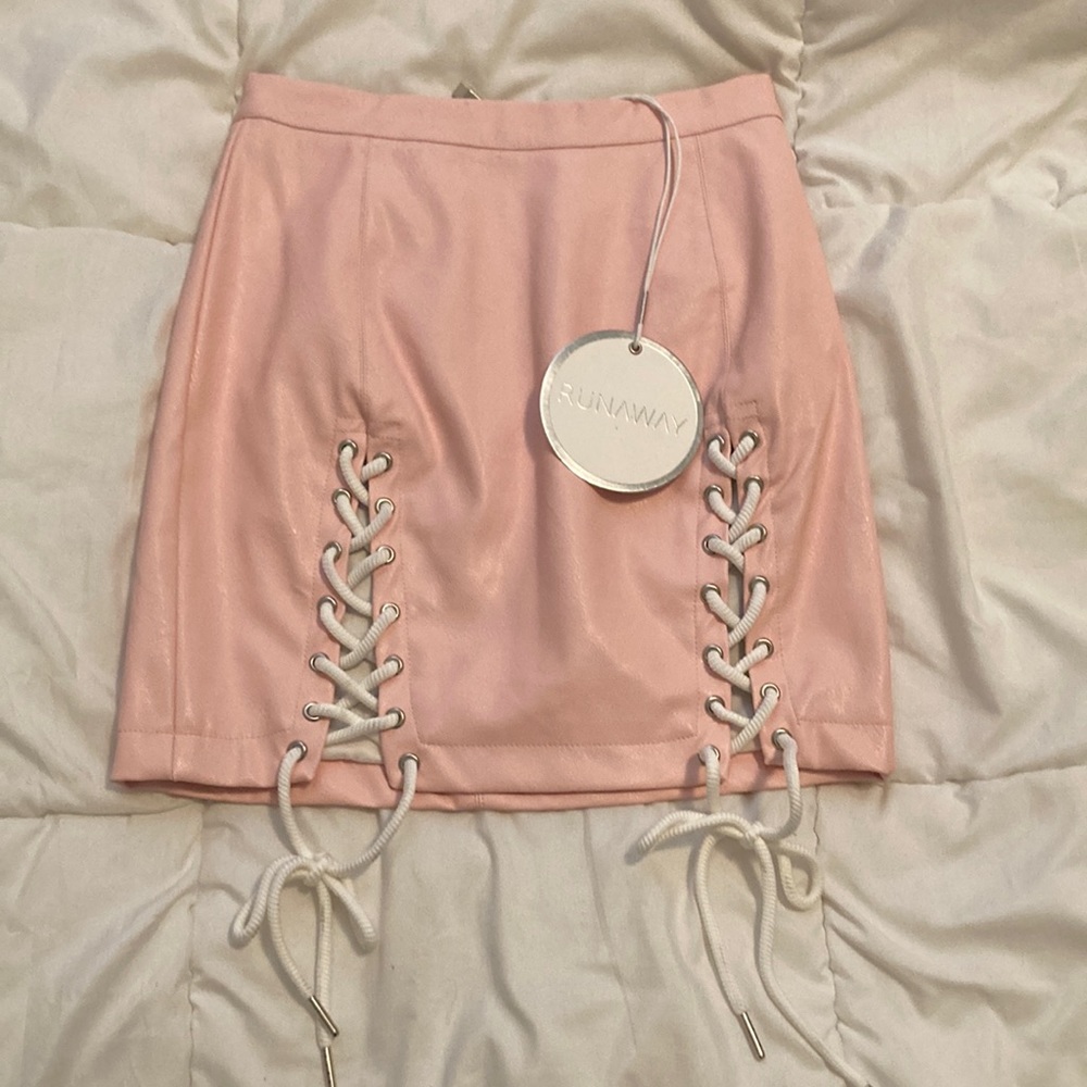 Pink Faux Leather Runaway Tie Up Lace Up Antigua Mini Skirt Size XS / 2